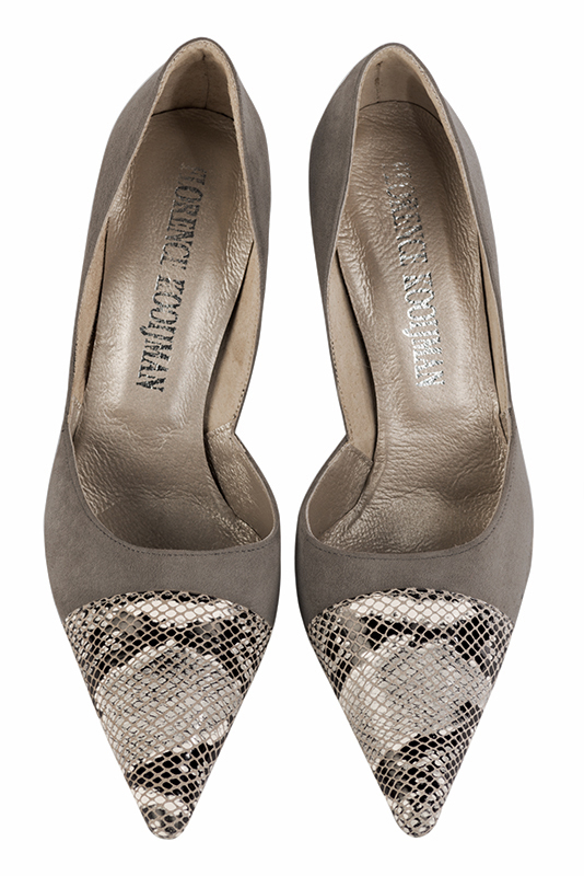 Natural beige and taupe brown women's open arch dress pumps. Pointed toe. Very high slim heel. Top view - Florence KOOIJMAN